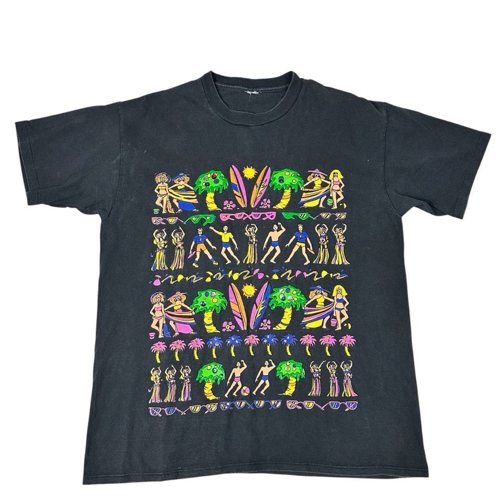 Vintage 1990s Beach Themed T-Shirt Size L Neon Puff Print Surf Hula Party